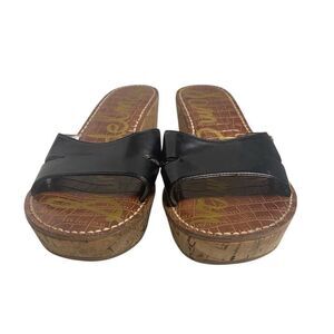 SAM EDELMAN Reid Cork Black Wedge Sandals Size 9.5 M Slip On